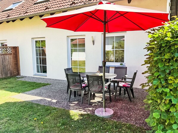 Furniture, Umbrella, Outdoor Furniture, Chair, Outdoor Table, Table, Garden, Shade, Patio, Flowerpot