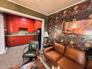 Kitchenette with refrigerator, microwave and air fryer