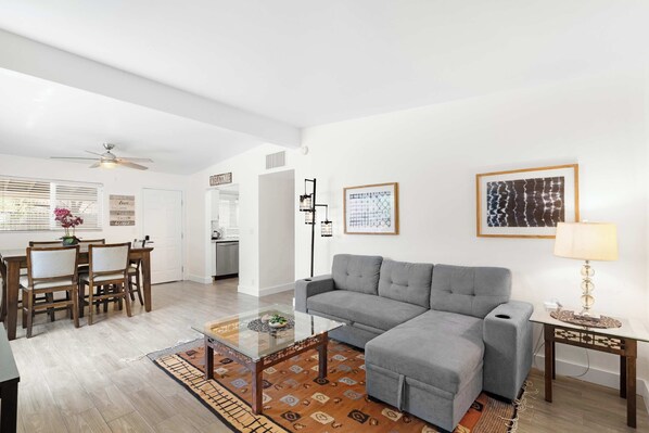 A warm and welcoming space perfect for lounging and entertaining.