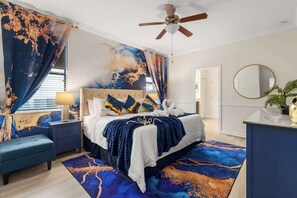 Plush King suite! Beautiful downstairs king bedroom with attached bathroom which connects to the pool deck. Bathroom has shower and oversized bath tub. 