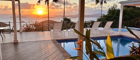 Unobstructed sunset views to St Thomas from the 1200 sq foot pool deck