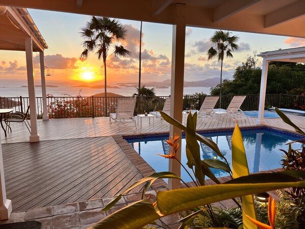 Unobstructed sunset views to St Thomas from the 1200 sq foot pool deck