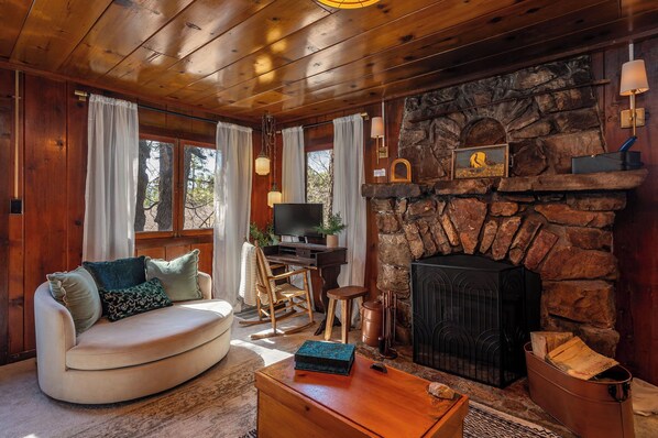 Wood burning fireplace and desk