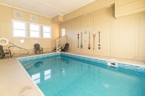 Indoor heated pool for use year round, filled with pool toys and memories for your family and friends. Pool is heated to an optimal 89 degrees for comfort as you play.