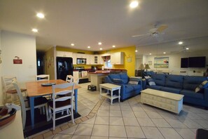 Dining table seats 6.  Kitchen bar seats 3.  