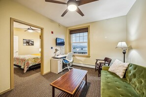 Indoors, Ceiling Fan, Furniture, Table, Bed