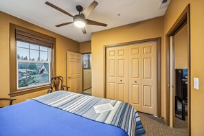 Indoors, Ceiling Fan, Door, Bed, Furniture