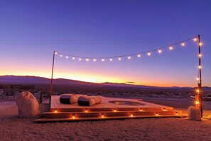 Deck with cowboy pool and hot tub with endless desert views