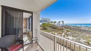 Enjoy direct Gulf views from your private balcony, just steps from the sand and boardwalk. Accessible from the bedroom, it’s the perfect spot to relax with your morning coffee or unwind at sunset.