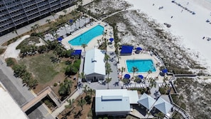 Community pools behind buildings A & B.