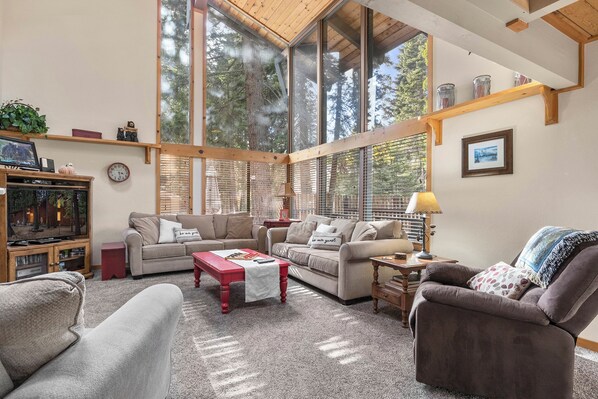 Living room with floor to ceiling windows, gas fireplace, RokuTV