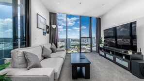 Cozy living room with large TV