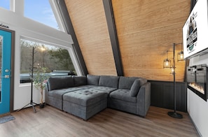 Lounge and comfort. While you’re settling in for a movie night or just cuddling up with a good book. The couch is spacious with seating for all.