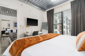 Rest in style on a memory foam bed in this cozy bedroom.