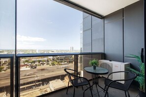 Immerse yourself in Melbourne’s bustling charm from the private balcony, complete with seating for two and expansive city views.