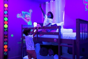 Glow-in-the-dark Inside Out-themed bedroom! Fun vibe, bunk beds & neon magic!