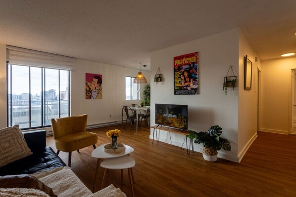 Spacious and artful living area with modern warmth.