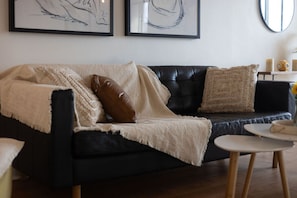 Inviting lounge with sleek design and warm accents