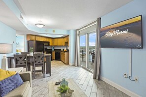 Enjoy open-concept living with this bright and inviting space featuring a full kitchen, dining area, smart TV, and balcony access. The perfect Myrtle Beach home base for relaxing, entertaining, and soaking in the coastal vibe!