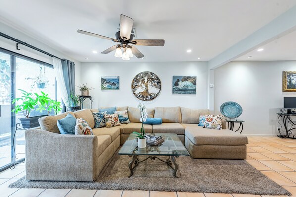 Living room with sectional chenille fabric sofa