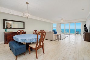 Dining area with an oceanfront view