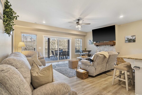 Curl up in the serene living room & enjoy a movie night at home
