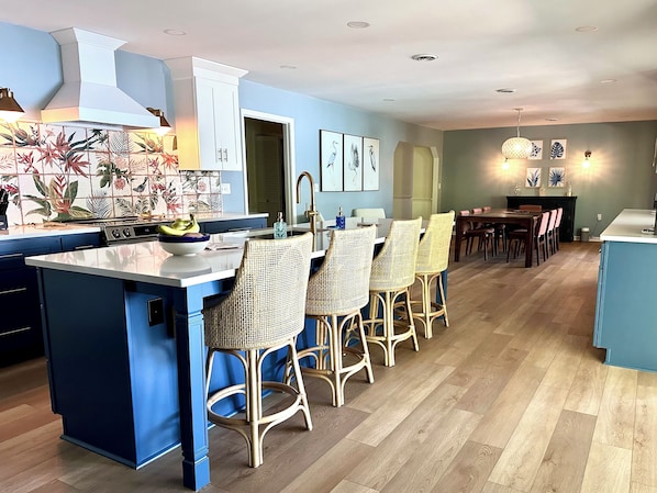 Spacious and modern kitchen and dining.