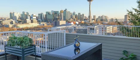 Unobstructed Space Needle and city skyline views from private rooftop.