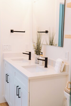 Elegant double vanity with sleek fixtures and ample counter space