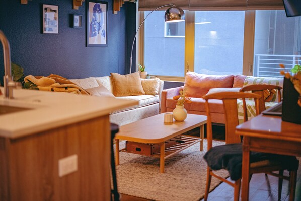 Cozy living room and kitchen on level 2.