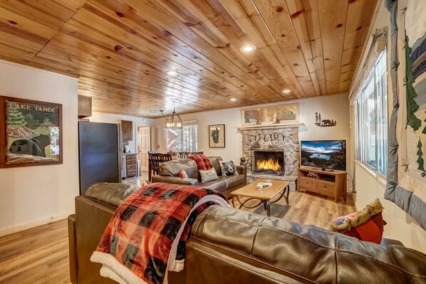 VERY cozy living room with wood fireplace