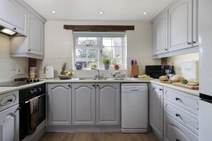 Well-equipped kitchen with an electric oven and hob and fridge/freezer