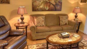Whispering Pines 141 with Free Dollywood Ticket - Spacious Living Room with Gas Fireplace, Sleeper Sofa and SMART TV with Cable & WIFI throughout vacation rental