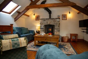 Lounge with wood burner and wall mounted TV