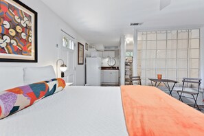 This bright and open studio is designed for comfort and relaxation, blending coastal charm with modern amenities.