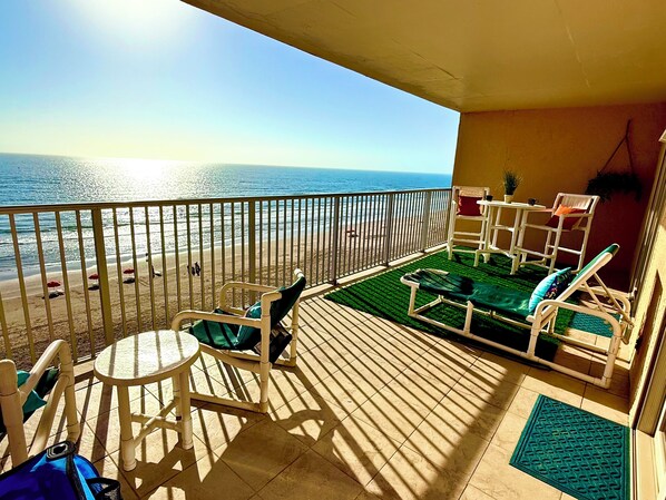 Oversized balcony with furniture with  stored beach essentials