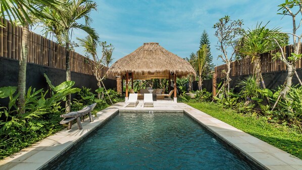 Traditional gazebo with alang alang roof with rice paddies in the background