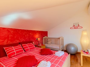 Furniture, Interior Design, Wall, Flooring, Floor, Bedroom, Red, Bed, Ceiling, Wood