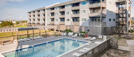 The stunning exterior of Rodanthe Respite, complete with a large pool for ultimate relaxation.