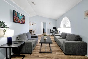 Cozy Stylish living room with comfy sofas and sleek setup