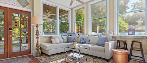 The bright living space adjacent to the gourmet kitchen