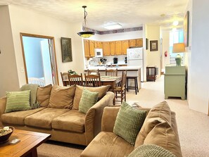 View from living room to kitchen and dining area