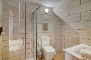 First bathroom w/modern shower & toilet