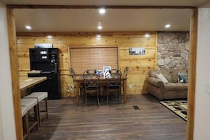 Dining room table and coffee bar.