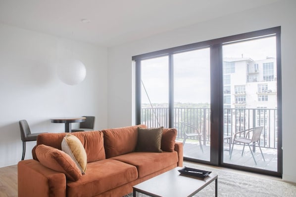 Living room with dedicated workspace