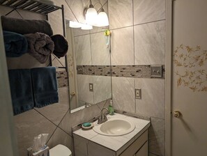 shower , In the hallway closet has more towels, first aid kit, hair dryer.