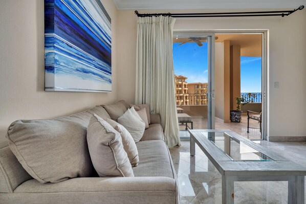 Living area looking out to balcony