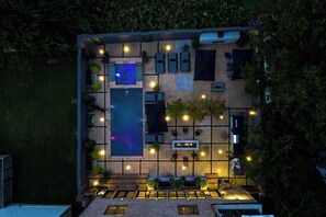 Ariel view of courtyard at night