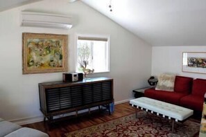 Living room with Danish modern convertible sofa (makes into second twin bed)