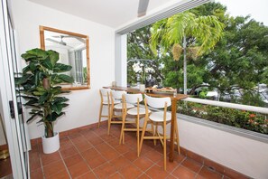 Perfect outdoor balcony area for meals with a view